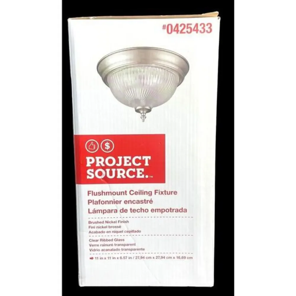 Project Source Flushmount Ceiling‎ Fixture Brush Nickel Clear Ribbed Glass NIB